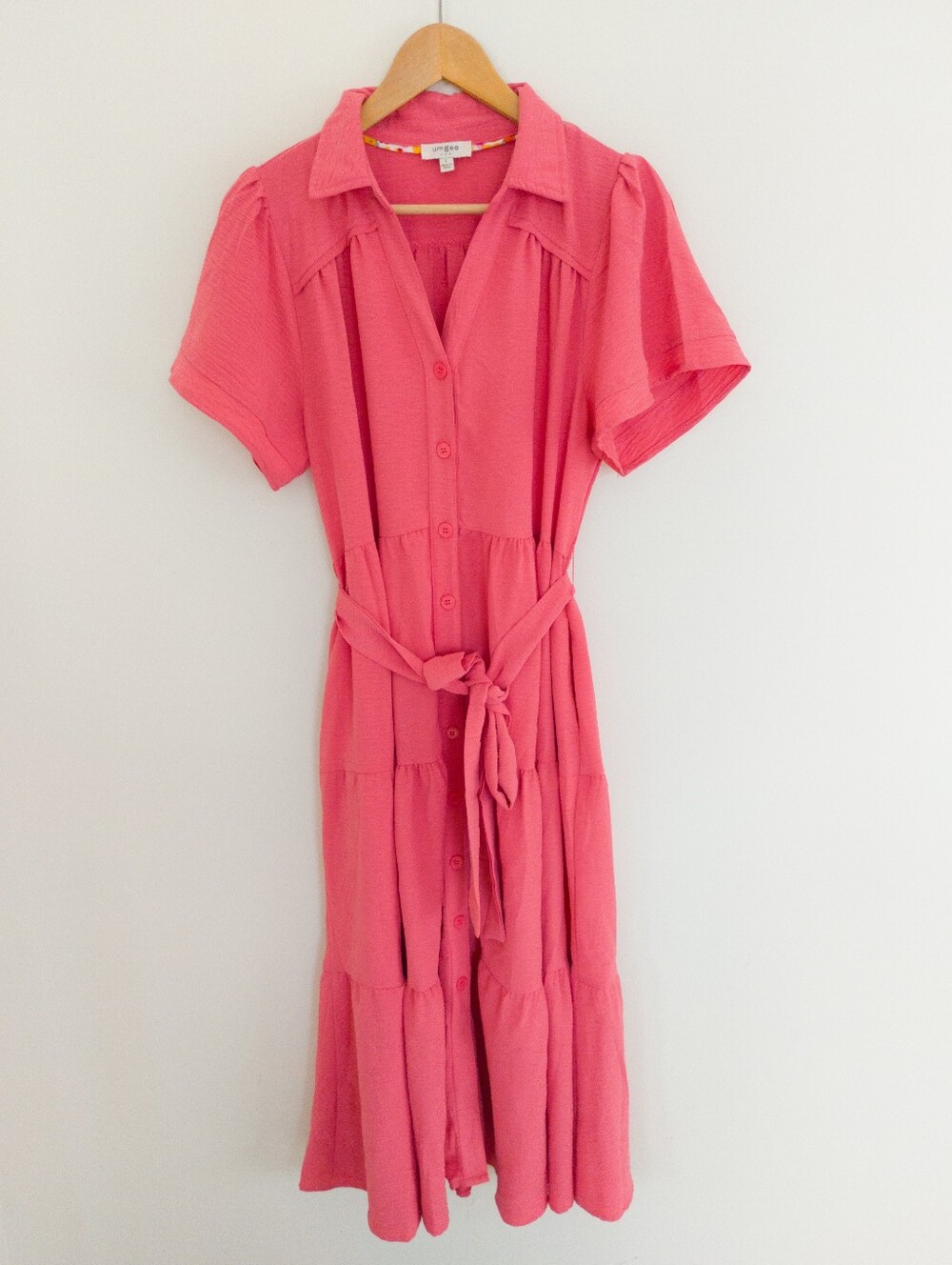 Umgee Coral Pink Tiered Button Down Midi Dress Tie Waist Short Sleeve Large